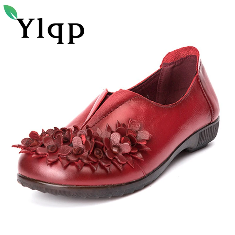 

Ylqp Genuine Leather Mother Shoes National Wind Cowhide Layer Comfortable Soft Bottom Low Heels Pumps Women Vintage Floral Shoes