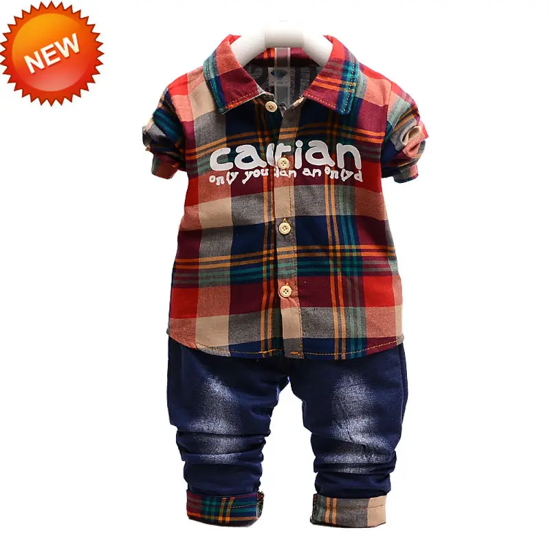 

2017 Spring New Arrival Cool Baby Boy Clothes Set Red/Green Plaid Style Coat+Jeans Single Breasted Cotton Material Fashion Style