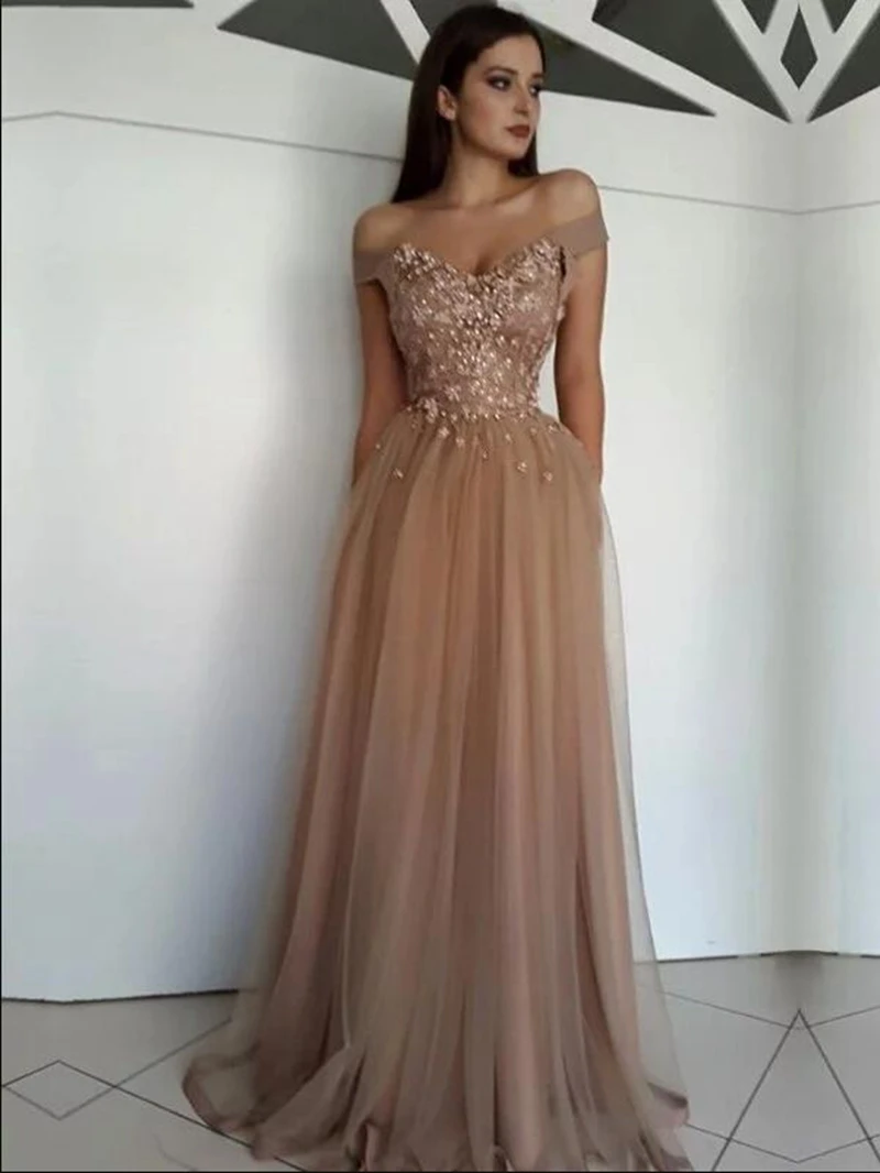 

Crystal Evening Dresses 2019 A Line Sleeveless V Neck Floor Length Long Prom Dress Off The Shoulder Formal Party robe de soiree