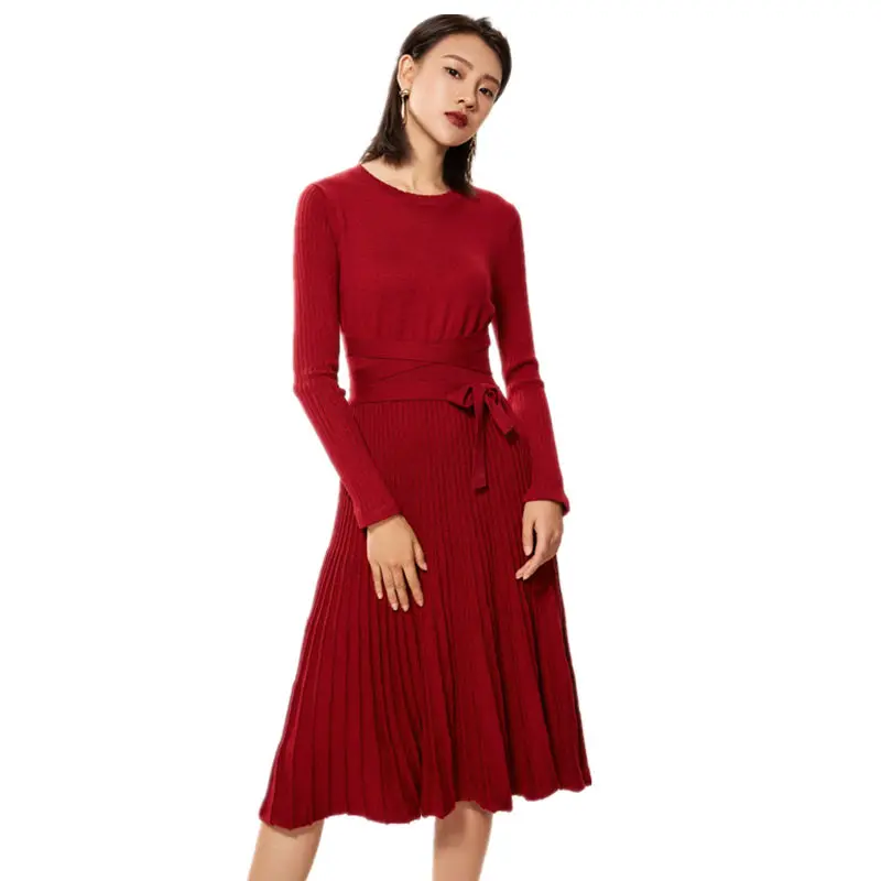 

MERRILAMB Winter Spring Dress Women 2019 Cashmere Blend Knitted Fitted Waist with Belt Pleated Midi Long Style Vestidos de Festa