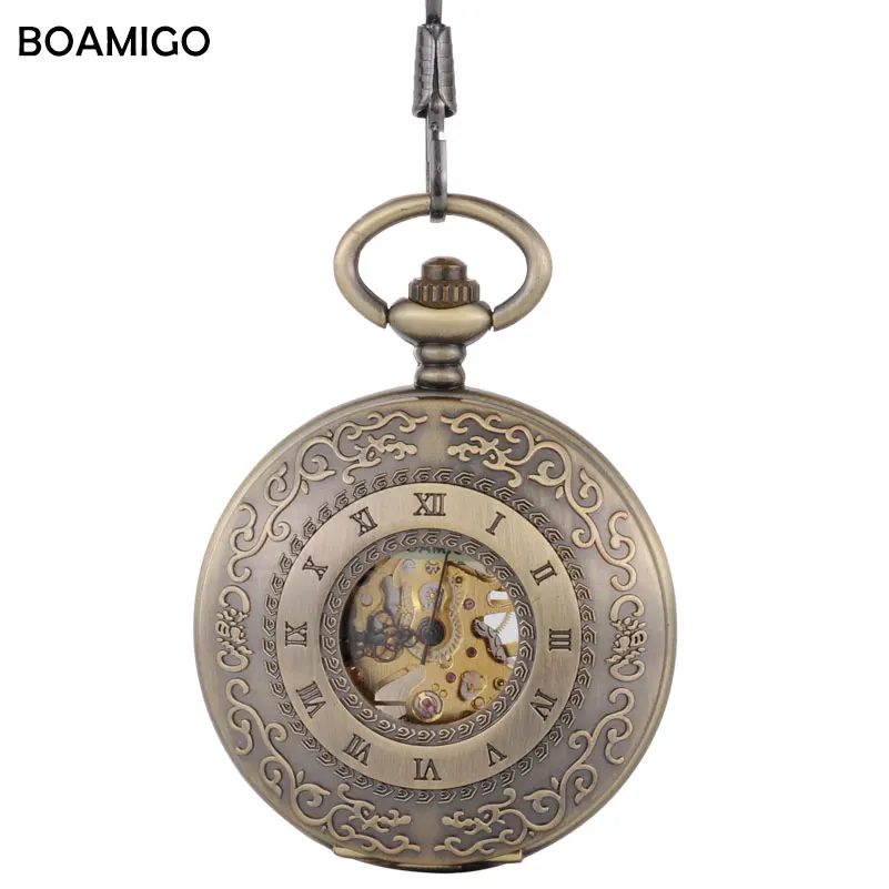 FOB мужские карманные часы антикварные механические часы BOAMIGO Скелет римские цифры часы Медный Дизайн подарок часы reloj hombre - Цвет: copper