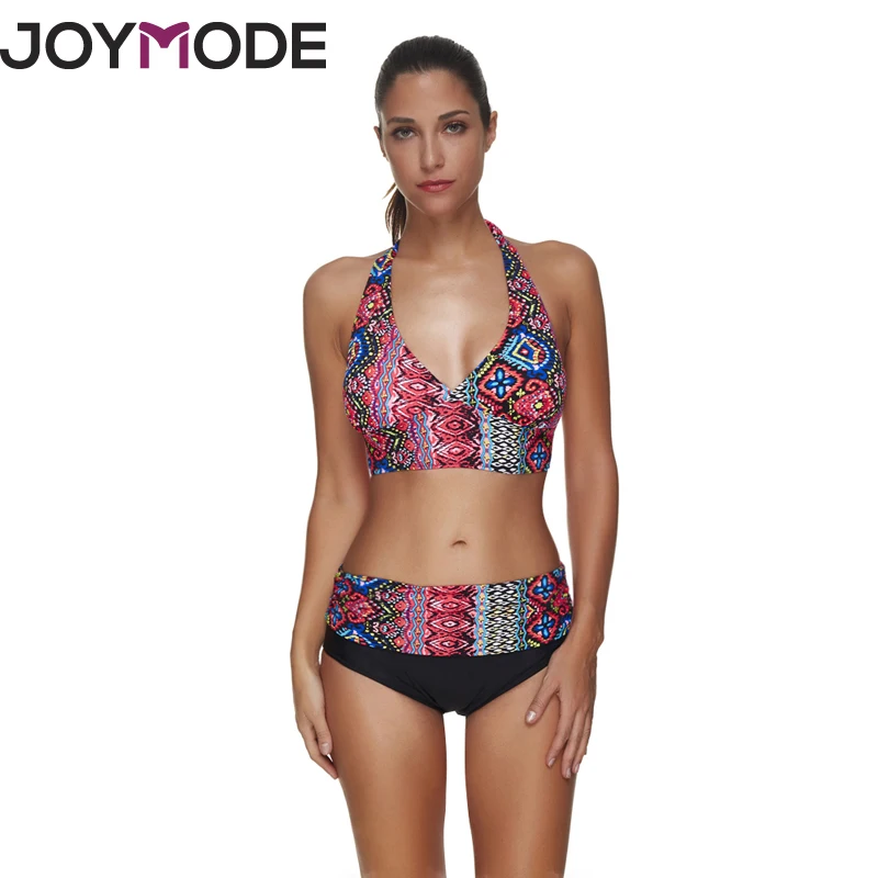 

JOYMODE 2018 Swim suit For Women Bikini Halter Swim wear Print Floral Stitching Flowers Patchwork Summer Beach wear for Women -C