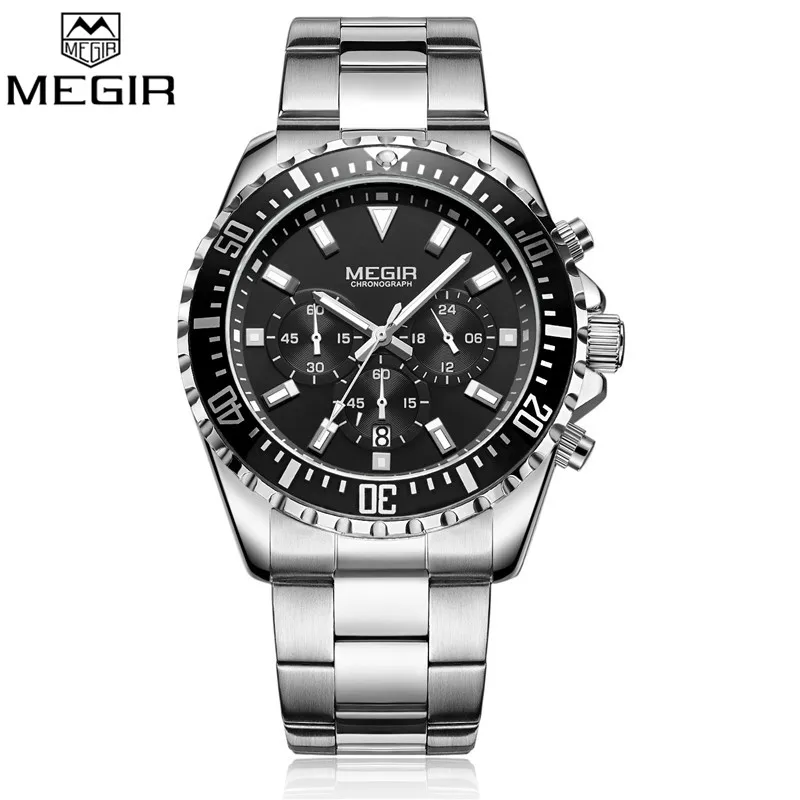 MEGIR мужские часы Топ люксовый бренд хронограф мужские часы военные армейские спортивные полностью Стальные кварцевые наручные часы с зеленым циферблатом 2064 - Цвет: ME206402
