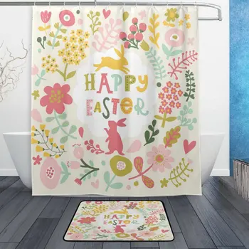 

Happy Easter Shower Curtain and Mat Set, Flower Floral Bunny Rabbit Waterproof Fabric Bathroom Curtain