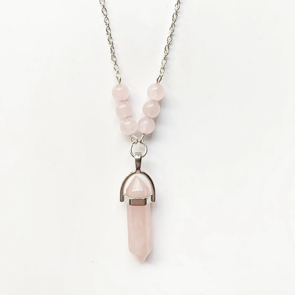 

Pink Quartz Pendant Stone Beads Pink Crystal Necklace Hexagonal Column Bullet Shape Stone Point Pendant Silver Link Chain 1pc