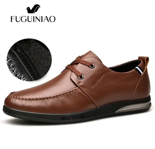 Теплая Повседневная обувь с воздушной подушкой! FUGUINIAO коровья кожа мужская обувь для отдыха/плюш внутри/цвет черный, коричневый/38-44 - Цвет: Коричневый