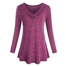 YSMARKET Новая Женская Осенняя футболка повседневные свободные топы с длинными рукавами модная женская одежда с v-образным вырезом и пуговицами большие качели E9033