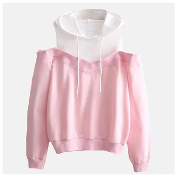 

Cold Shoulder Hoodie Solid Plain Hooded Sweatshirt Fake Two Piece Poleron Mujer 2019 Harajuku Cute Pink Two Color Hoodies Women