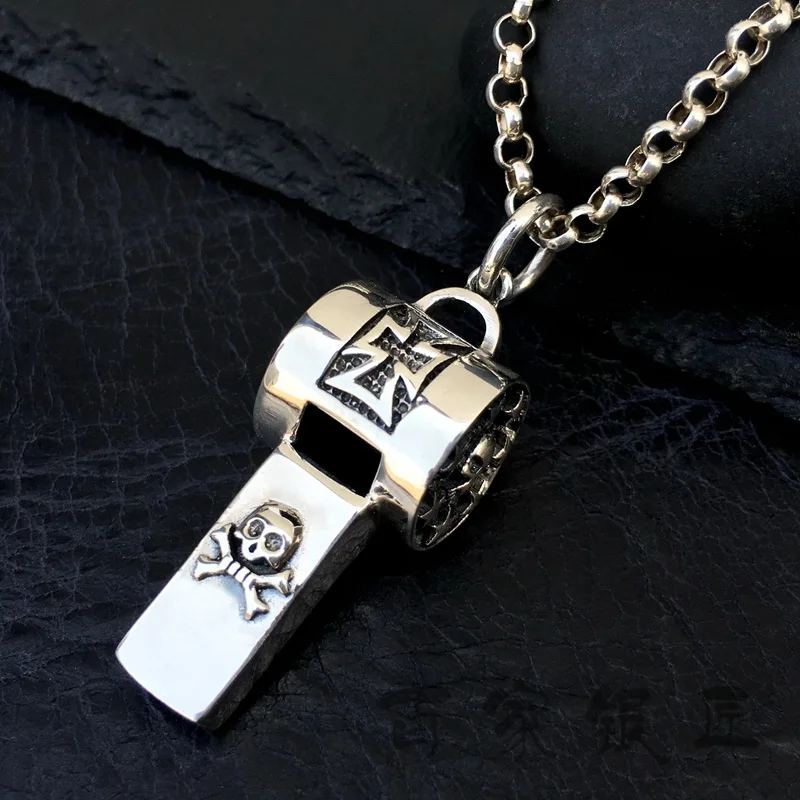 Solid Silver 925 Iron Cross & Skull Whistle Charm Pendant For Necklace Men Women Gothic Punk Style Real Sterling Silver Jewelry Solid Silver 925 Iron Cross & Skull Whistle Charm Pendant For Necklace Men Women Gothic Punk Style Real Sterling Silver Jewelry