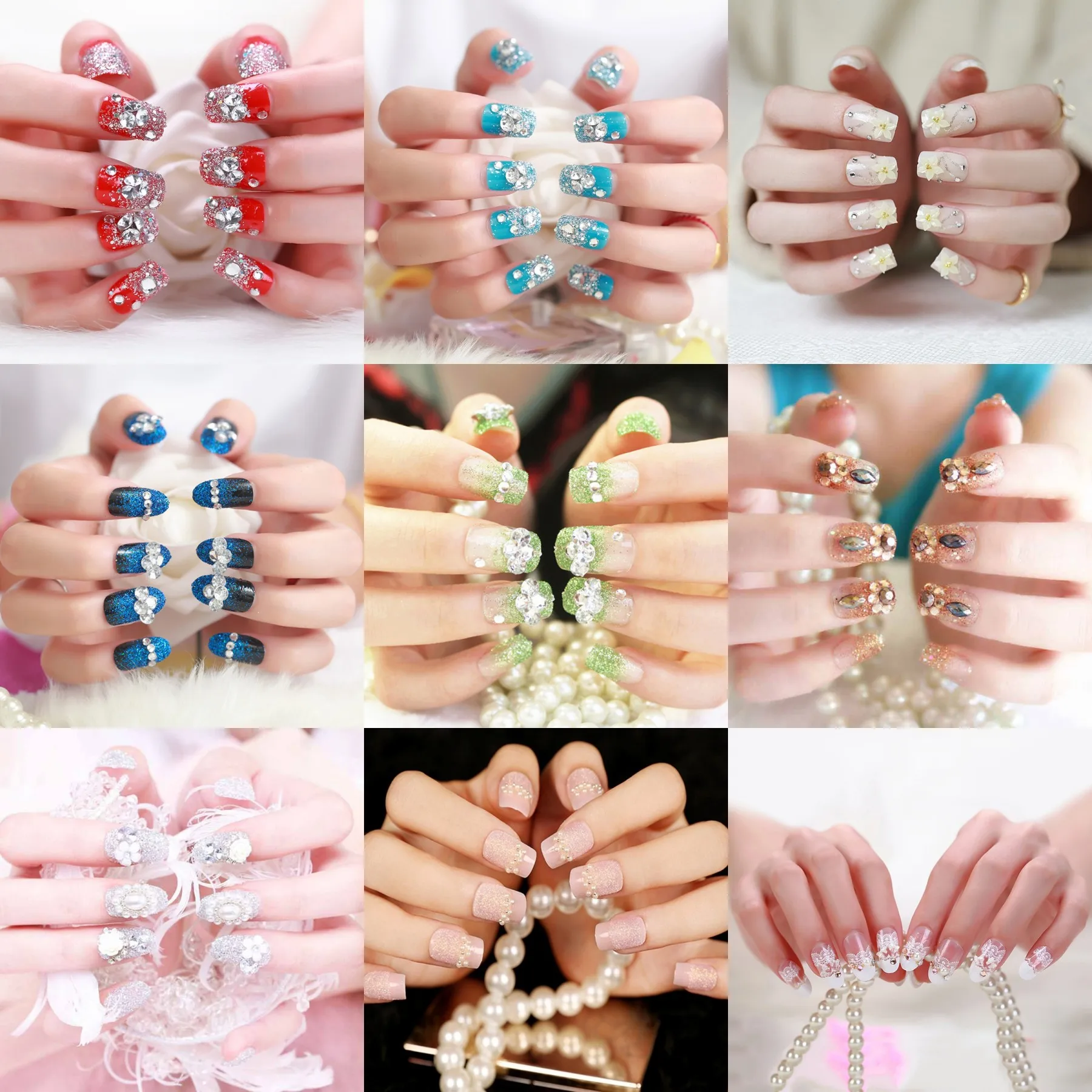 

24Pcs/set Square Acrylic False Nails Flower Design Artificial French Fake Nail Tips Full Cover Normal Sizes Bride Nail Tips