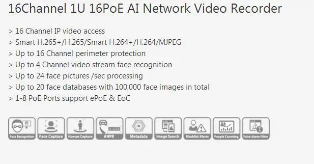 AI NVR5216-16P-I 16-канальный видеорегистратор 1U 16PoE AI Сетевой Видео Регистраторы DHL