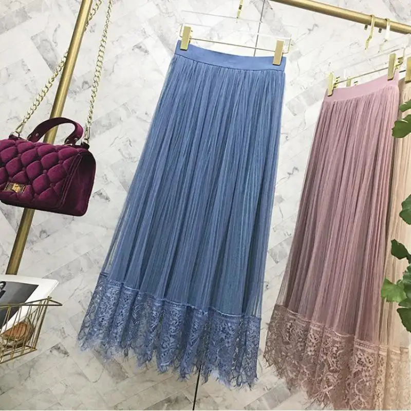 Горячее весеннее Новое поступление однотонная сетчатая кружевная бархатная плиссированная юбка супер Феи длинные юбки для женщин одежда