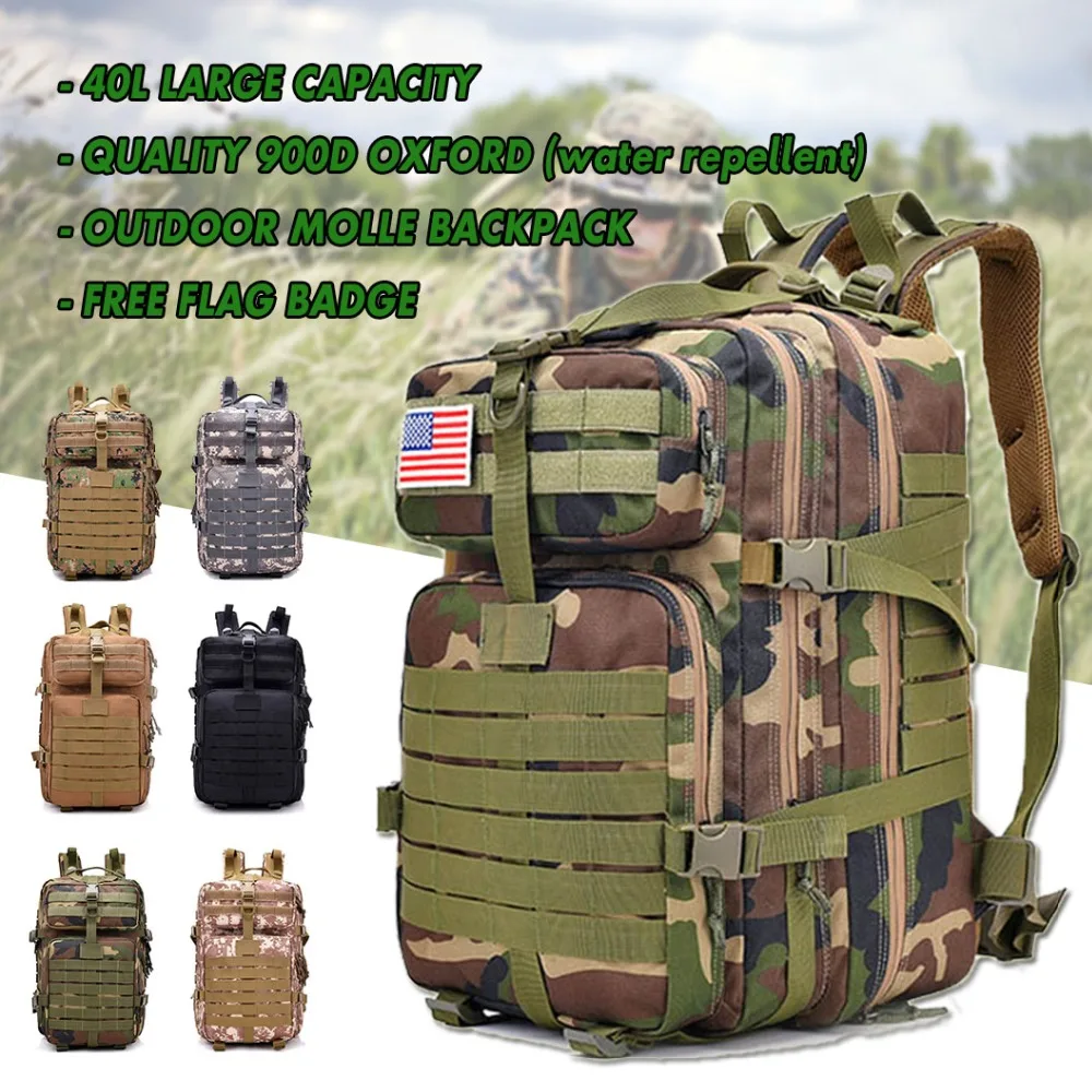 Outdoor Tactical Military Assault Backpack with Flag Patches Army Molle