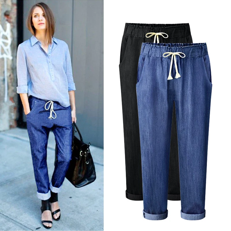 Летние женские джинсы размера плюс 5XL, штаны с высокой талией и карманами, прямые синие и черные джинсы с завязками на талии, брюки B85105X