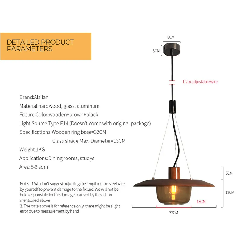Aisilan светодиодный светильник для столовой, скандинавский художественный стеклянный подвесной светильник, минималистичный барный кабинет, кафе, деревянный подвесной светильник, прикроватная лампа E14