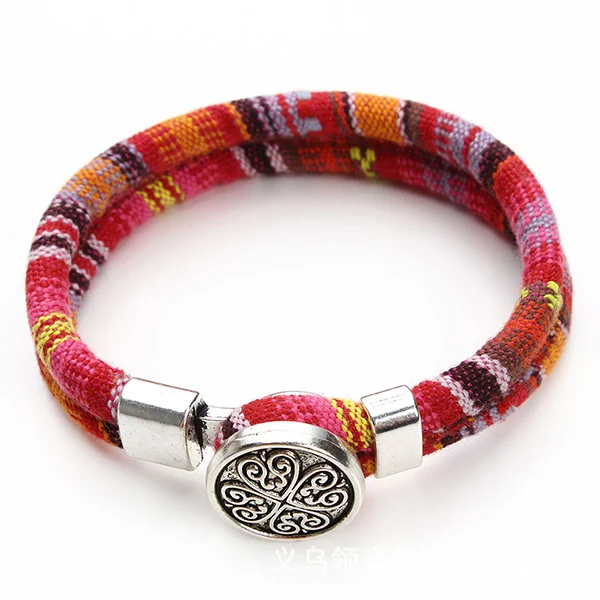 Богемский Браслет на кнопке, многоцветные хлопковые шнуры, тибетский серебристый цвет этнический очаровательный цветок, богемный браслет, браслеты, Mujer - Окраска металла: B053S108
