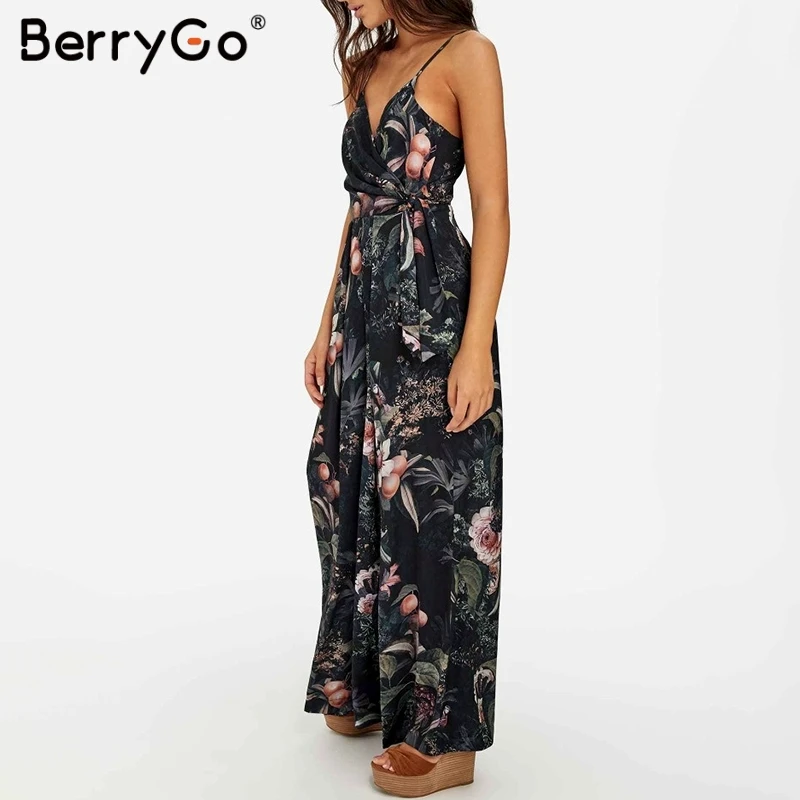 BerryGo Женский Длинный комбинезон богемный цветочный принт широкие ноги romperSexy v