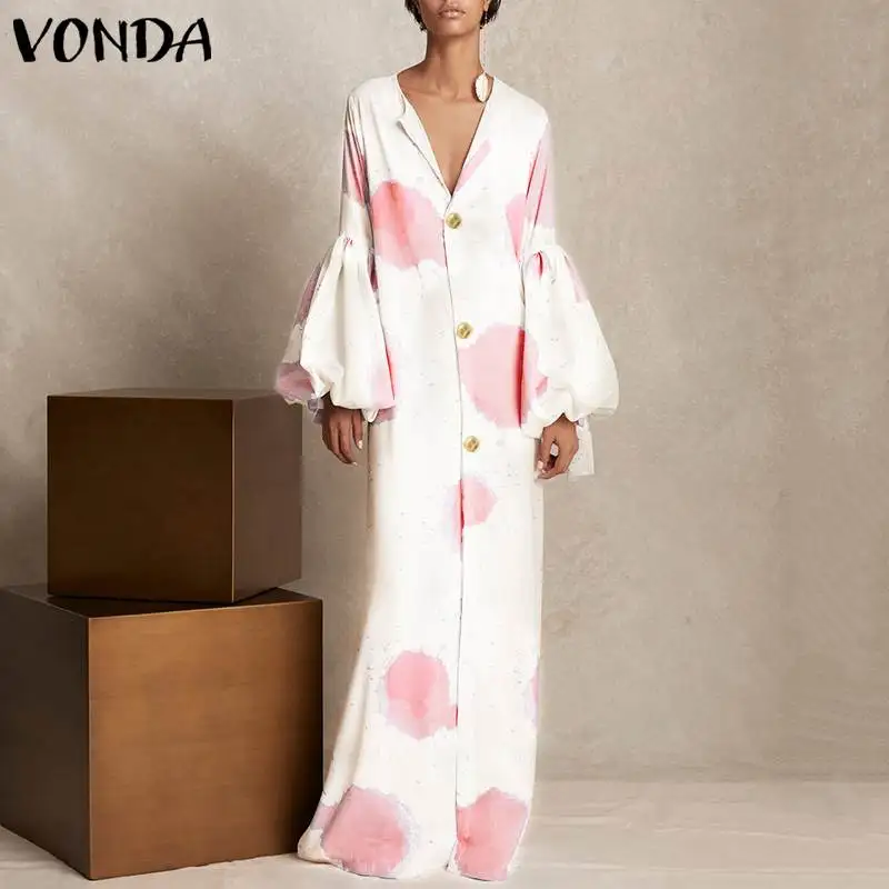 

VONDA Bohemian Party Dress Women Sexy V Neck Long Lantern Sleeve Print Maxi Dresses 2019 Spring Beach Holiday Plus Size Vestidos