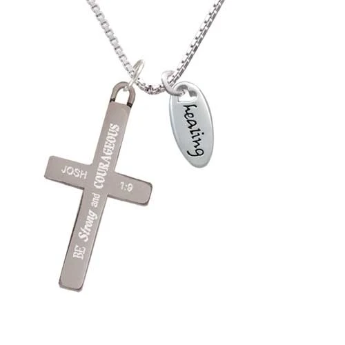 Healing Oval with Cutout Heart - Strong and Courageous - Cross Necklace (1)