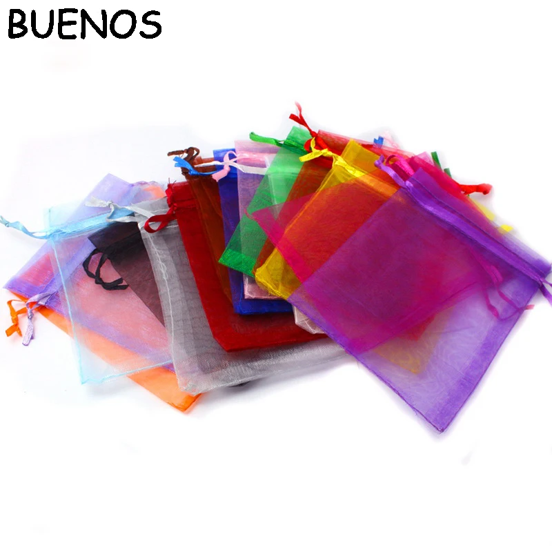 

BUENOS 100pcs 7x9 9x12 10x15 13x18CM Organza Bags Jewelry Packaging Bags Wedding Party Decoration Drawable Bags Gift Pouches