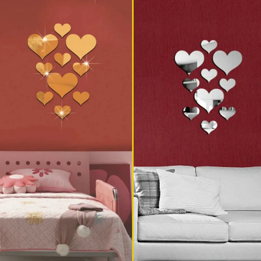 

2018 Fashion 10pcs Love Heart Acrylic 3D Mirror Wall Sticker Mural Decal Removable Stickers hot sale