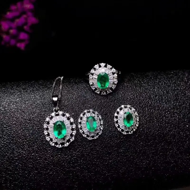 

Natural green emerald Ring Earrings Pendant Natural Gemstone Jewelry Set 925 Silver Fashion Sun flower Women party gift jewelry