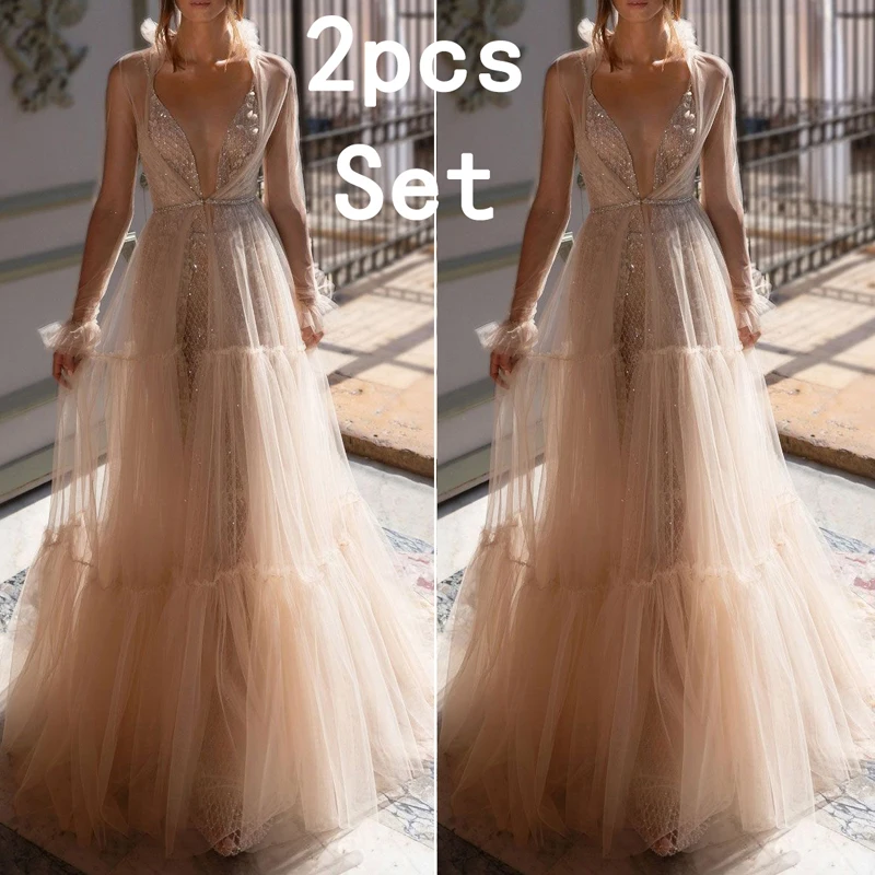 

Formal Elegant Tulle Dresses Women's Big Pendulum Deep V-neck Perspective 2pcs Set Ladies Dress