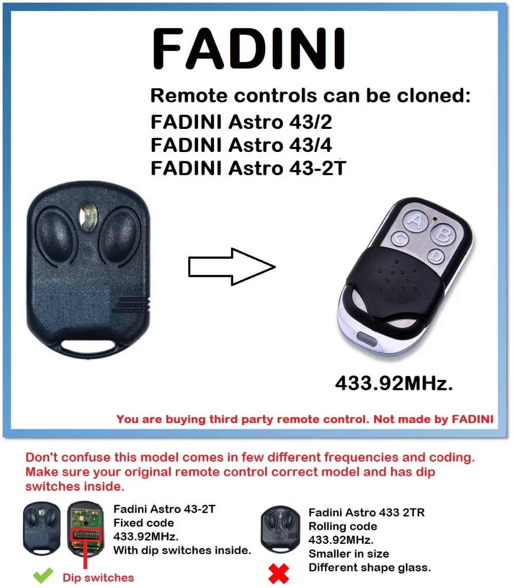 FADINI Astro 43-2 T универсальный пульт дистанционного управления Управление Дубликатор duplo и 4-канальный 433,92 МГц.(Только для 433,92 передатчик УКВ-диапазона(код