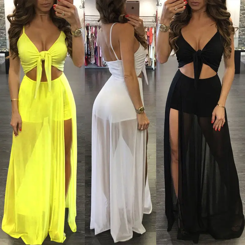 

Hirigin Women Sexy Dresses Summer Solid V-Neck Dresses Bandage Regular Boho Long Maxi Dress Evening Party Beach Dresses