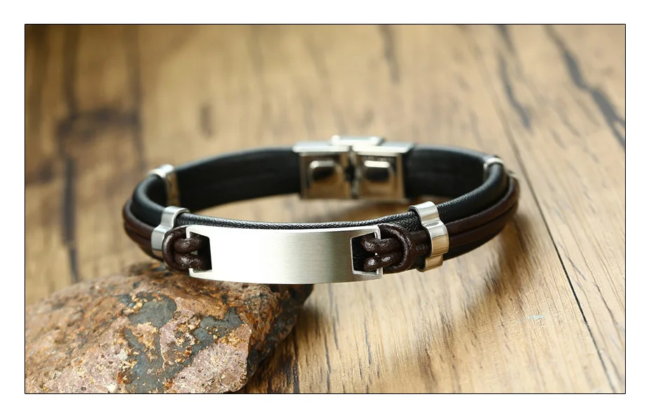 Meaeguet Free Engrave & Laser Personalized Stainless Steel ID Bracelet & Bangle For Men Handmade Genuine Leather Bracelet  (4)