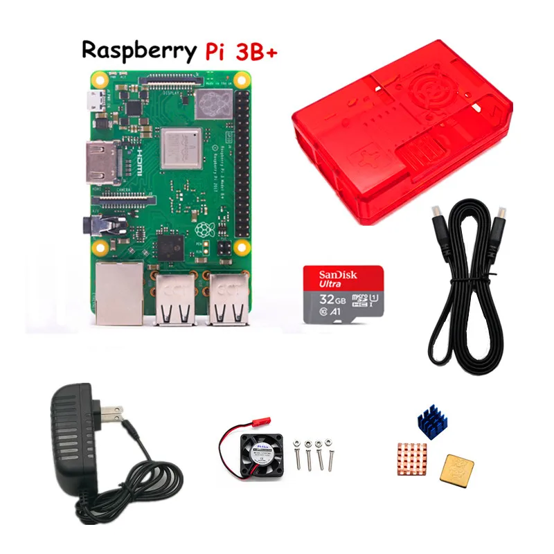 

Four Colors Raspberry Pi 3 B+ ABS Case + Cooling Fan + Power Adapter + Heat Sink + HDMI +32G Card For Raspberry Pi 3B 3B plus