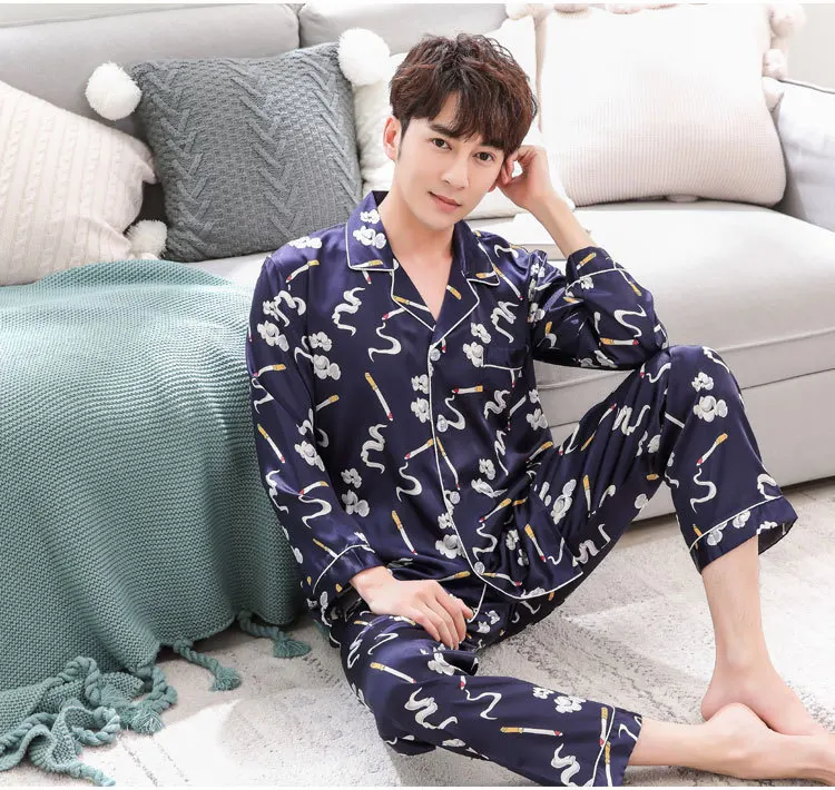 Высокое качество влюбленные пижамы мужские шелковые атласные пижамные комплекты с длинными рукавами и рисунком парные пижамы для мужчин комплект пижамы на все сезоны