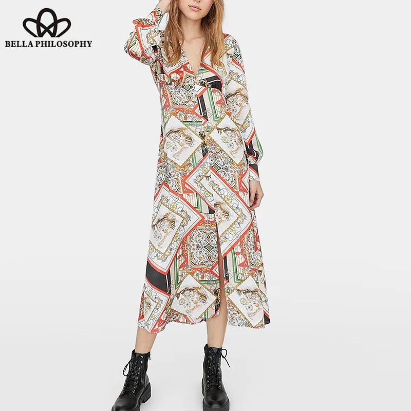 Wonder Spring Long Sleeve Maxi Dress Vintage V-Neck Female Long Dress Casual Chain Print Lady A-Line Dress Vestidos 2019 new