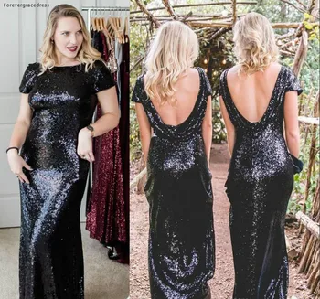

Black Sequins Backless Bridesmaid Dress Mermaid Summer Country Garden Formal Wedding Party Guest Maid of Honor Gown Plus Size