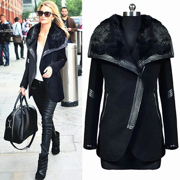 

Valentine's Day New Winter Coat Women Woolen Coat Warm Black Big Fur Collar Outwears Zipper Lady Overcoats Jacketse High Quaity