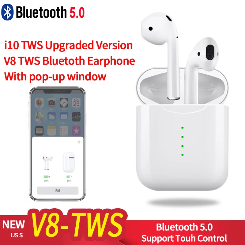 

V8 TWS Pop-up Bluetooth Headphone Mini Wireless Earbuds Touch Control Earphone Gaming Headset for iPhone Smartphone pk i10 tws