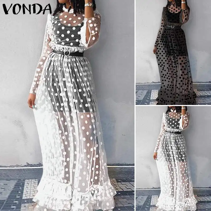 Женское кружевное платье VONDA, богемное, сексуальное, полое, длина до пола, платье, праздничное, винтажное, в горошек, с принтом, Vestido, вечерние, женское платье размера плюс