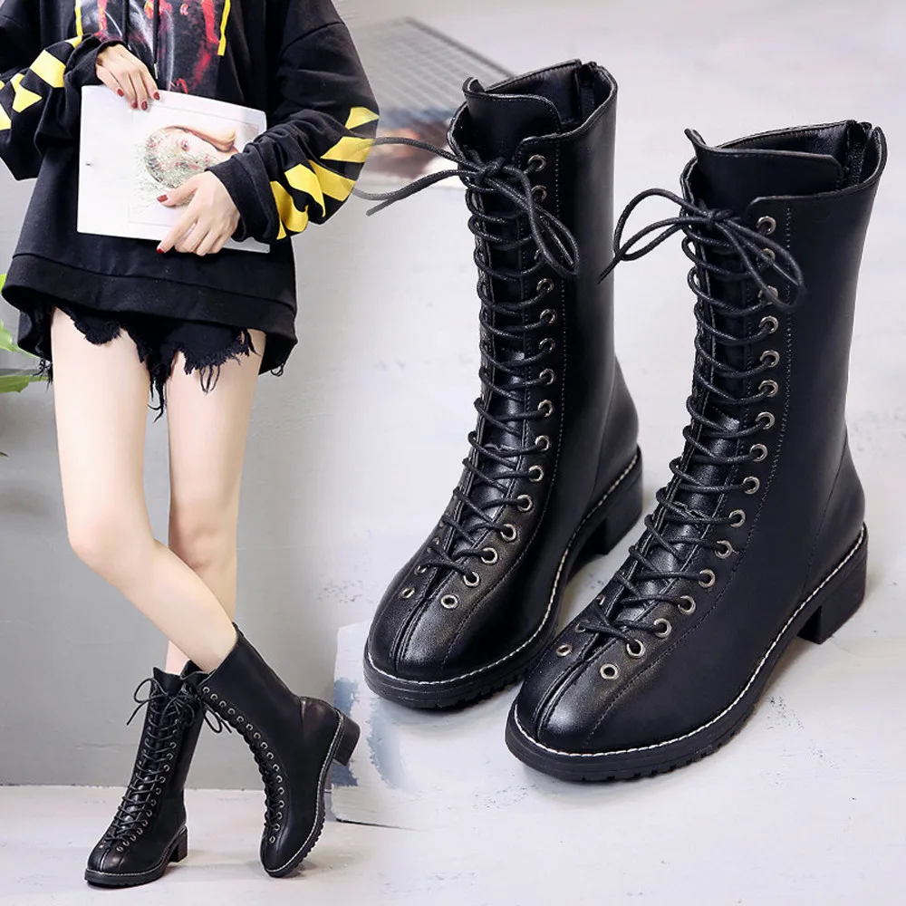 

Knight Boots Women Fashion Rivets Leather Middle Boot British Style 2019 Autumn Winter Platform Round Toe Lace-Up Casual Boots