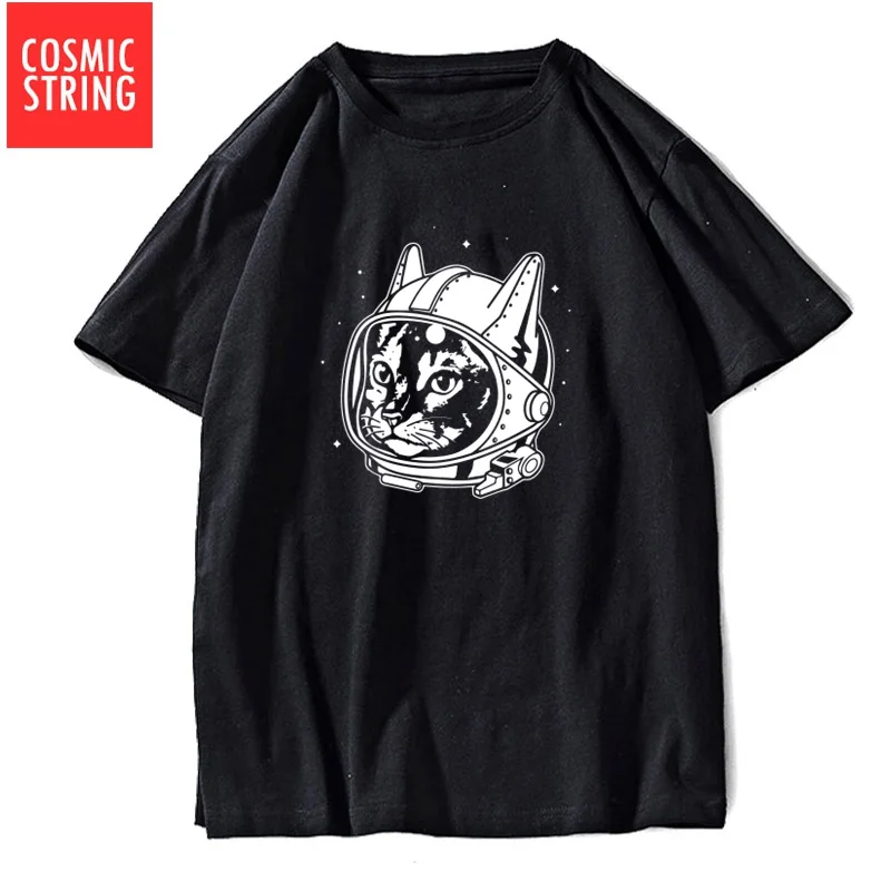 

COSMIC STRING 100% cotton short sleeve cat print men T shirt cool summer men tshirt male o-neck t-shirt tops tee shirts