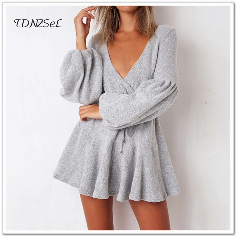 

Autumn Winter Long Sleeve Deep V Short Mini Pleated Dress Casual Solid Color Drawstring High Waist Sexy A Line Dress Loose 2018