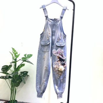 

Fashion Summer Beaded Sequin Hole Denim Straps Trouser Womens Haren Pants Girls Jean Overalls Students Jeans Suspender Trousers