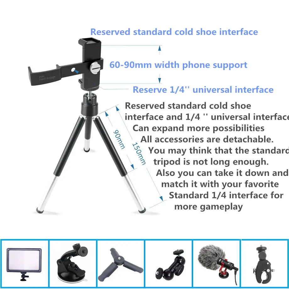 Multi Functional Aluminum Alloy Mount for DJI Osmo Pocket Tripod 3-axis Gimbal Bracket Holder Phone-12