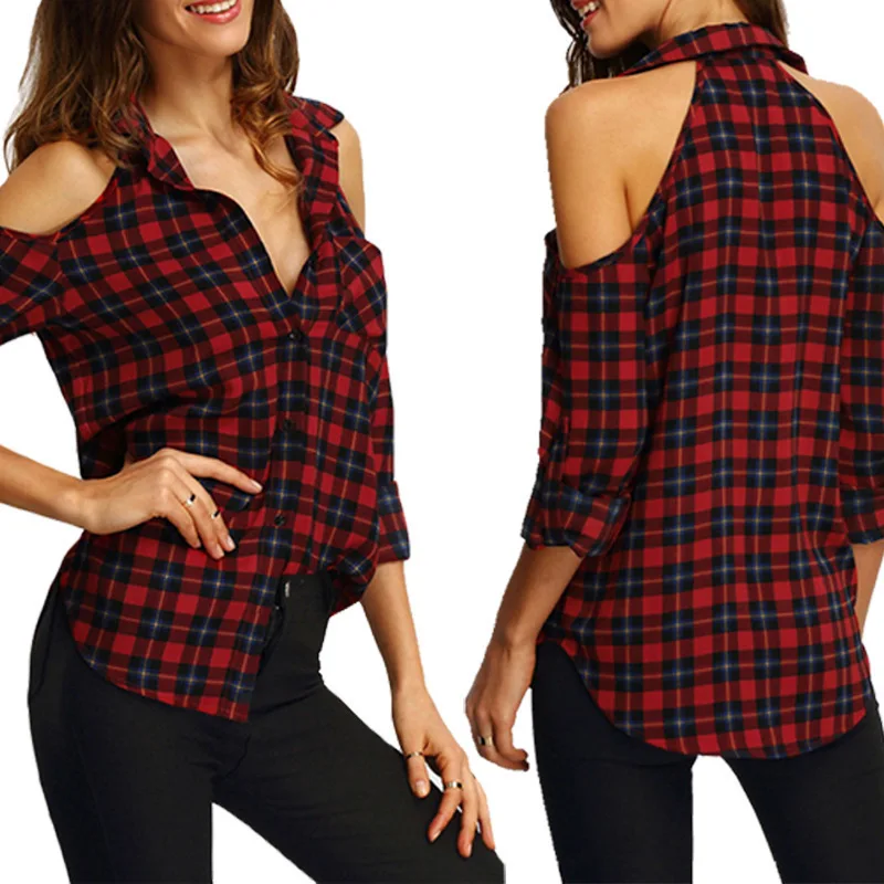 font b Women b font Plaid font b Blouse b font Tops V neck Spring