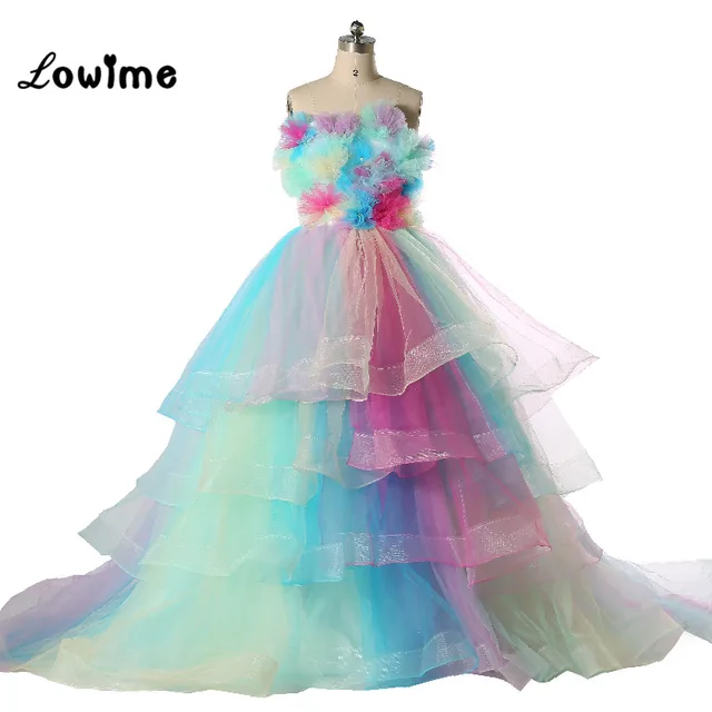 Real Image Amazing Rainbow Wedding Dresses 2016 Colorful Handmade Real Image Amazing Rainbow Wedding Dresses 2016 Colorful Handmade Flowers Bridal Gowns Tiered Tulle Robe De