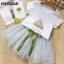 Menoea/платье для девочек коллекция года, брендовая детская одежда летняя футболка с надписями и рисунком арбуза+ Сетчатое платье с цветочным рисунком От 3 до 7 лет из 2 предметов, детское платье