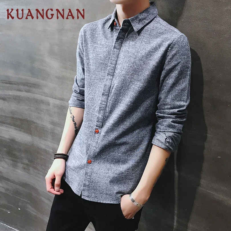 Achat KUANGNAN solide Streetwear hommes chemises décontracté Slim Fit hommes chemises à manches longues de haute qualité hommes chemises coton 2019 automne nouveau