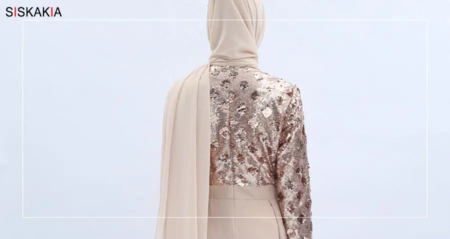 Siskakia Роскошная высокая плотность блесток вышивка лоскутное мусульманское длинное платье Дубайская модная абайя платье шампанское