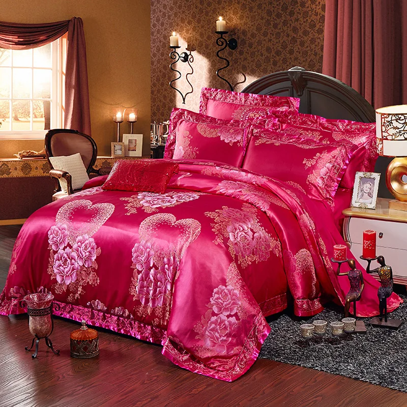 Novo Atacado Jacquard de Cetim de algodão de seda Roupas de Cama Queen size conjuntos de cama de casamento vermelho 4/6 Pcs roupa de Cama Edredon Fronhas de cobertura