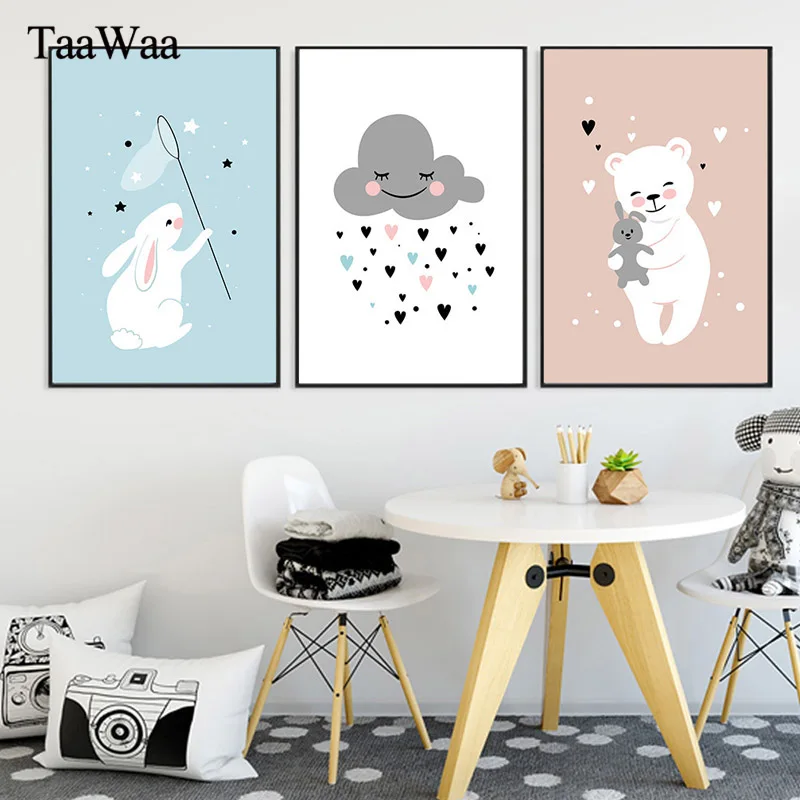 

Cute Rabbit Bear Nursery Wall Art Nordic Canvas Posters Prints Cartoon Painting Kids Decoration Picture Baby Bedroom Home Decor