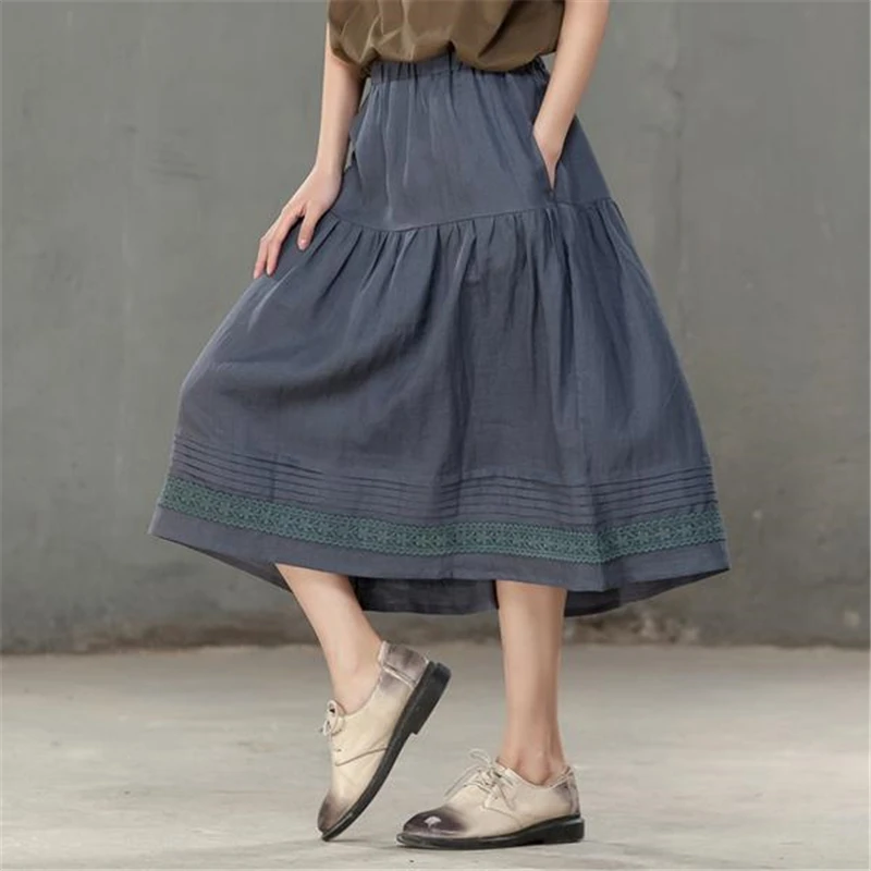 Casual Women Linen Knee Length Skirts Elastic Waist Pleated Skirts